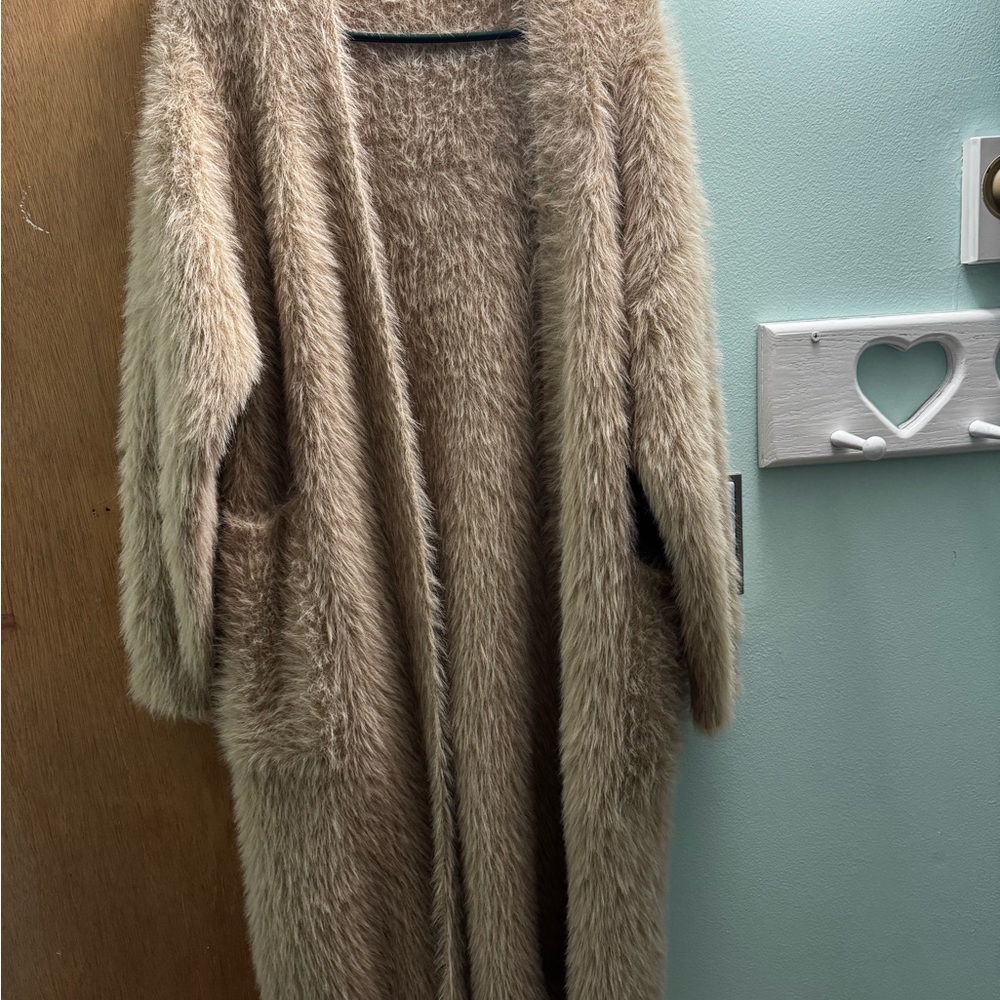 Tan Oversized Open-Front Cardigan Sweater